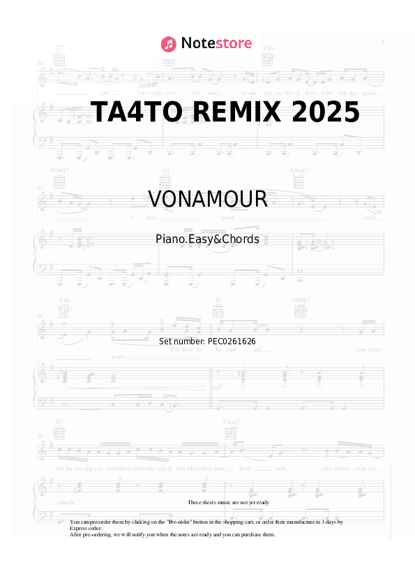 ТА4ТО REMIX 2025 - VONAMOUR Sheet Music Easy and Chords - Piano.Easy&Chords
