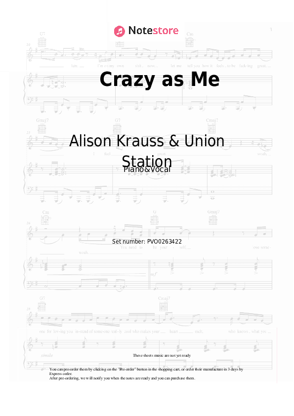 Crazy as Me - Alison Krauss & Union Station Piano Sheet Music with the Voice part - Piano&Vocal