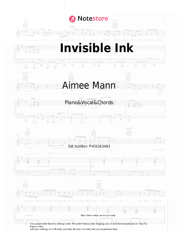 Invisible Ink - Aimee Mann Piano Sheet Music with the Vocal and Chords - Piano&Vocal&Chords