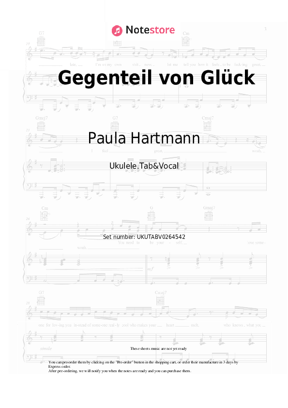 Gegenteil von Glück - Paula Hartmann, Berq Sheet Music - Ukulele.Tab&Vocal