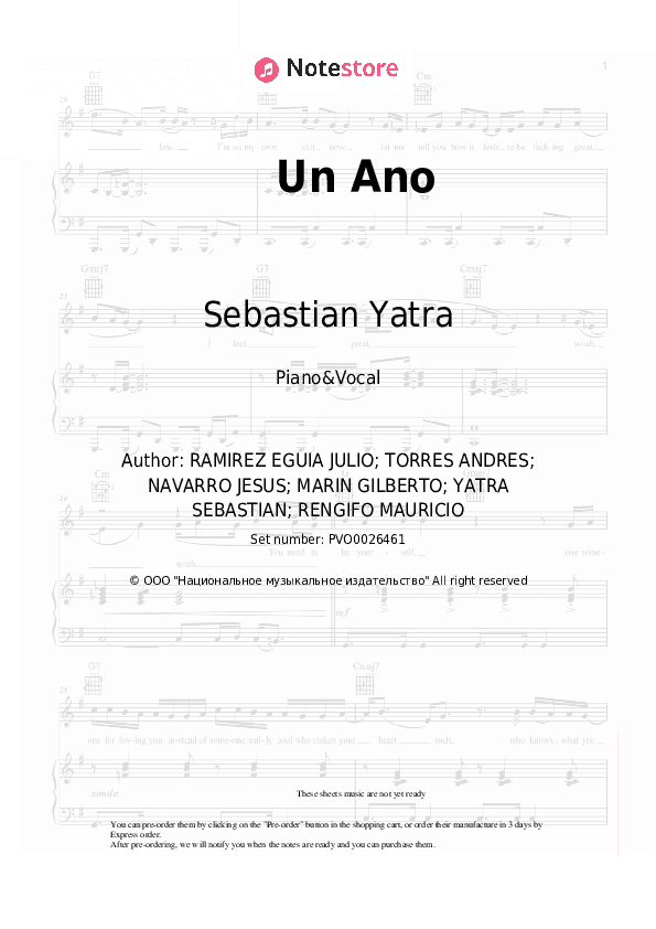 Un Ano - Sebastian Yatra, Reik Piano Sheet Music with the Voice part - Piano&Vocal