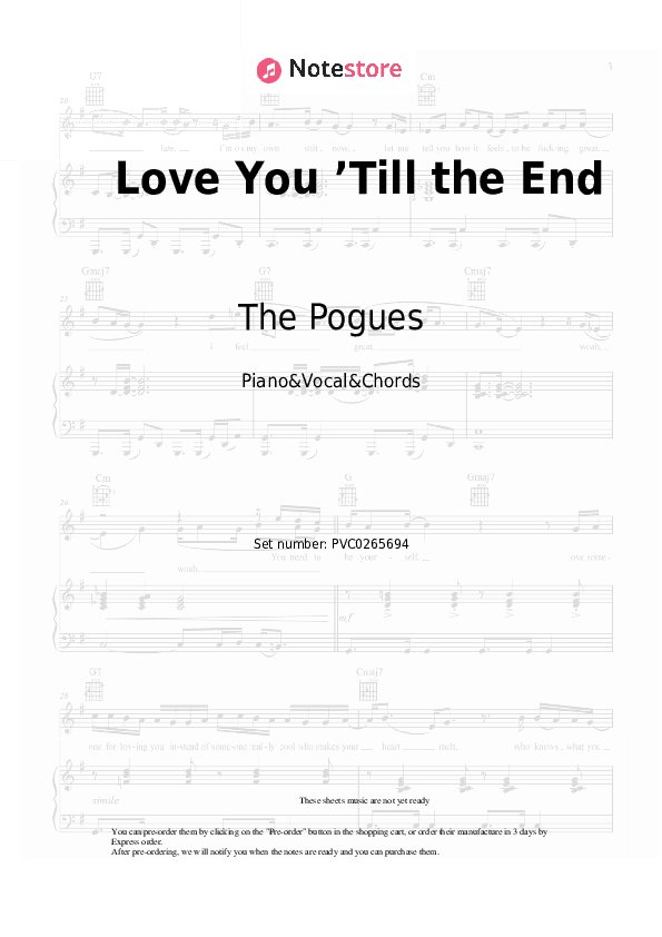 Love You ’Till the End - The Pogues Piano Sheet Music with the Vocal and Chords - Piano&Vocal&Chords