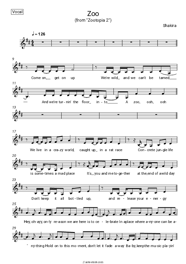 Zoo (From 'Zootopia 2') - Shakira Vocal Sheet Music - Vocal