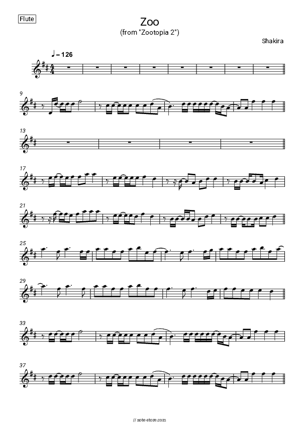 Zoo (From 'Zootopia 2') - Shakira Flute Sheet Music - Flute