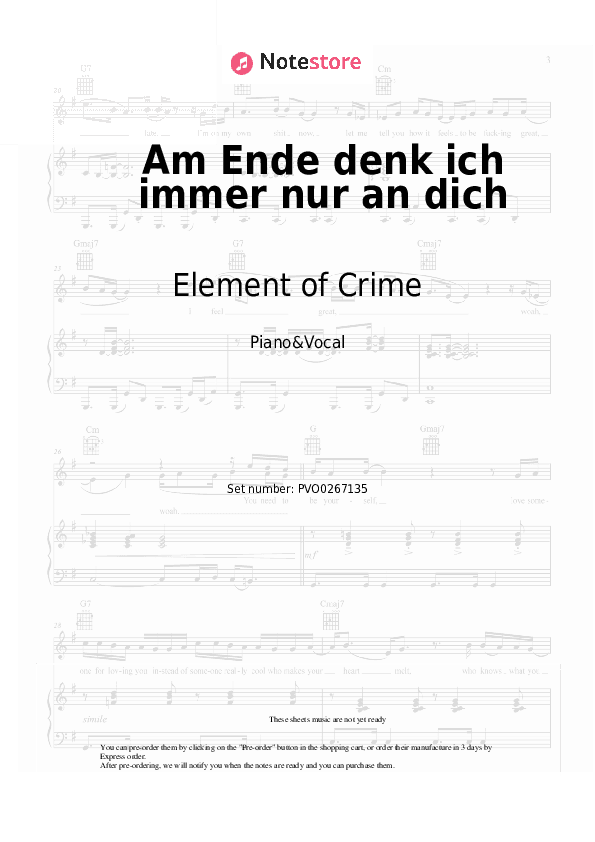 Am Ende denk ich immer nur an dich - Element of Crime Piano Sheet Music with the Voice part - Piano&Vocal
