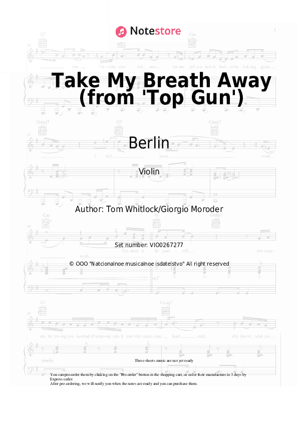 Take My Breath Away (from 'Top Gun') - Berlin Violin Sheet Music - Violin