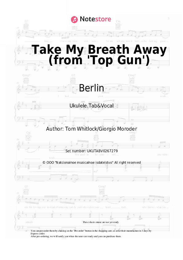 Take My Breath Away (from 'Top Gun') - Berlin Sheet Music - Ukulele.Tab&Vocal