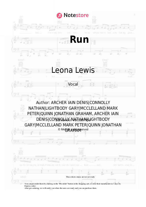 Run - Leona Lewis Vocal Sheet Music - Vocal