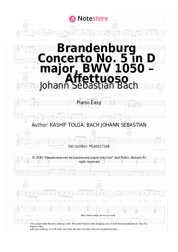 Brandenburg Concerto No. 5 in D major, BWV 1050 – Affettuoso - Johann Sebastian Bach Piano Sheet Music Easy - Piano.Easy