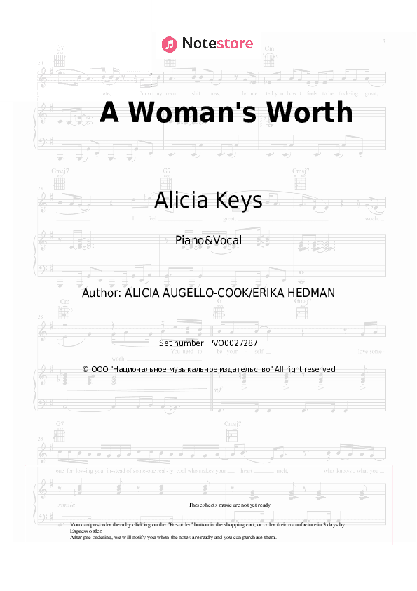 A Woman's Worth - Alicia Keys Piano Sheet Music with the Voice part - Piano&Vocal