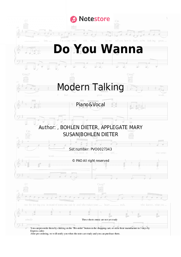 Do You Wanna - Modern Talking Piano Sheet Music with the Voice part - Piano&Vocal