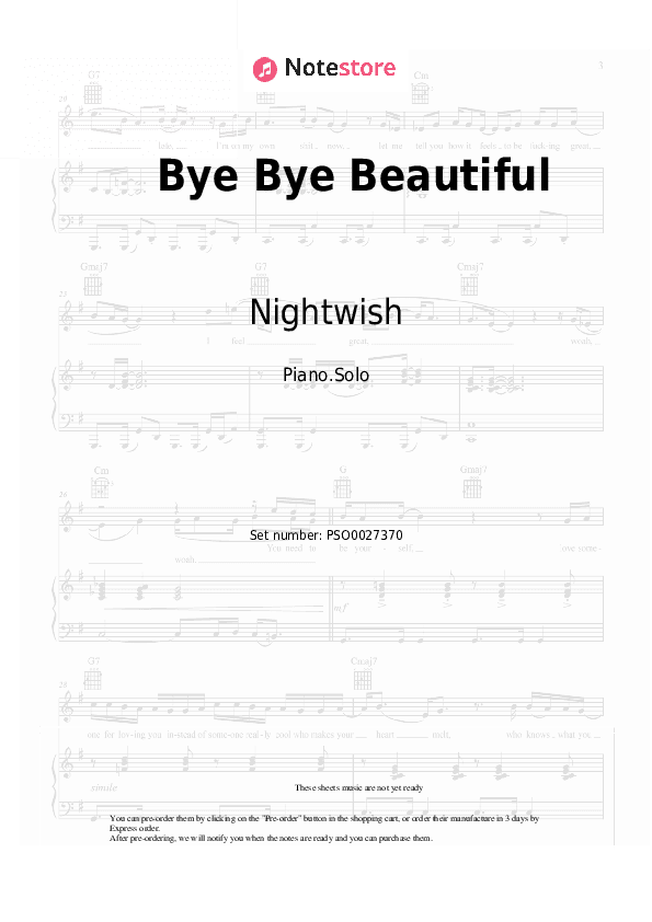 Bye Bye Beautiful - Nightwish Piano Sheet Music - Piano.Solo