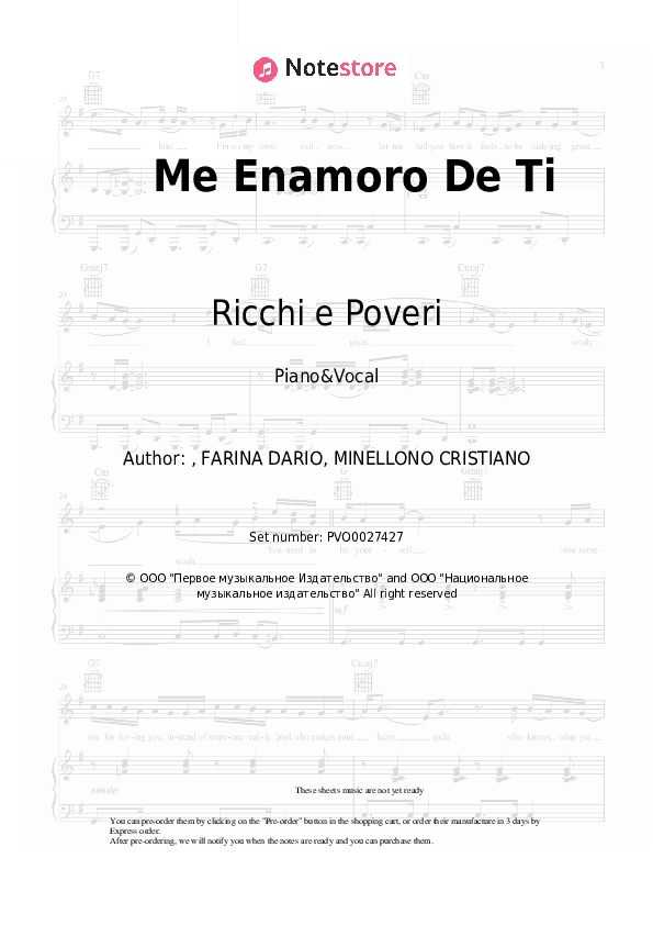 Me Enamoro De Ti - Ricchi e Poveri Piano Sheet Music with the Voice part - Piano&Vocal