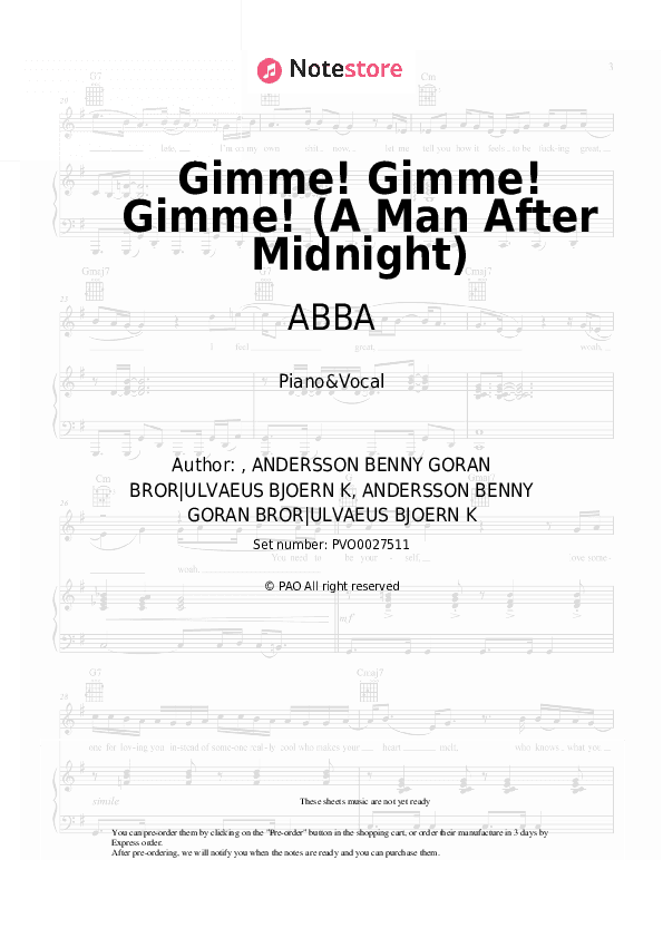 Gimme! Gimme! Gimme! (A Man After Midnight) - ABBA Piano Sheet Music with the Voice part - Piano&Vocal