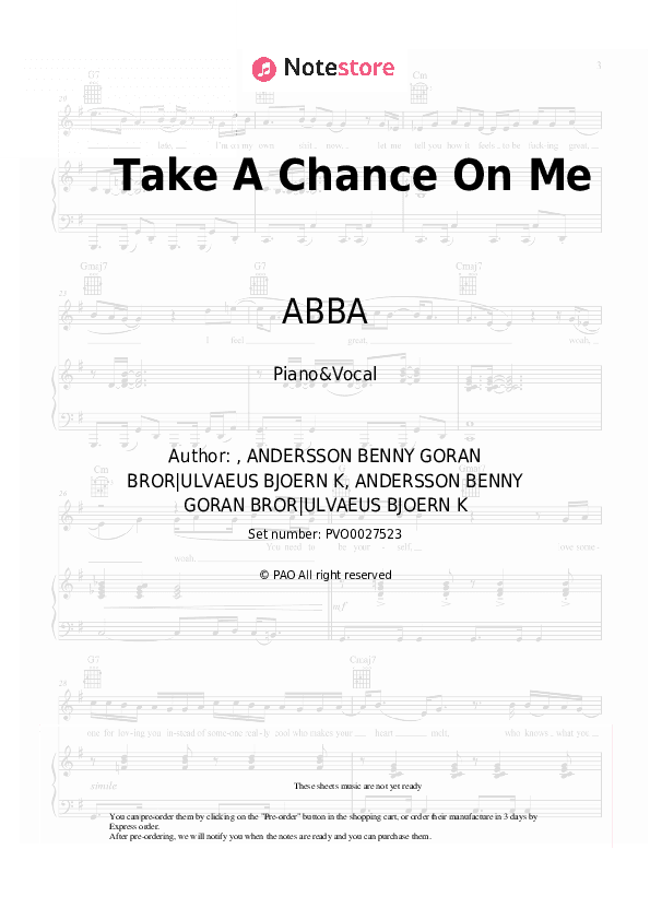 Take A Chance On Me - ABBA Piano Sheet Music with the Voice part - Piano&Vocal