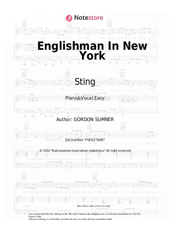Englishman In New York - Sting Piano Sheet Music Easy and Vocal - Piano&Vocal.Easy