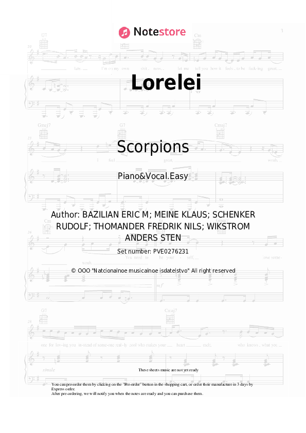 Lorelei - Scorpions Piano Sheet Music Easy and Vocal - Piano&Vocal.Easy