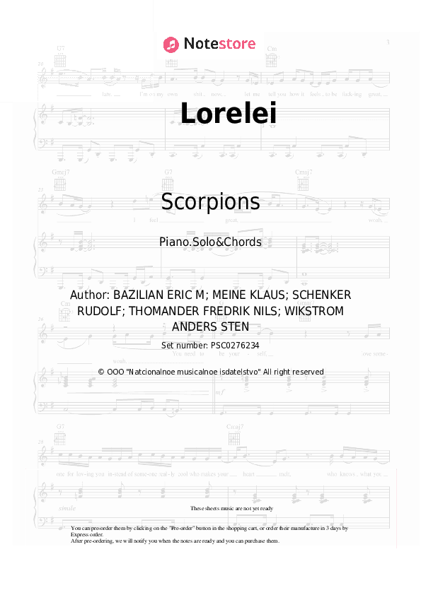 Lorelei - Scorpions Piano Sheet Music and Chords - Piano.Solo&Chords