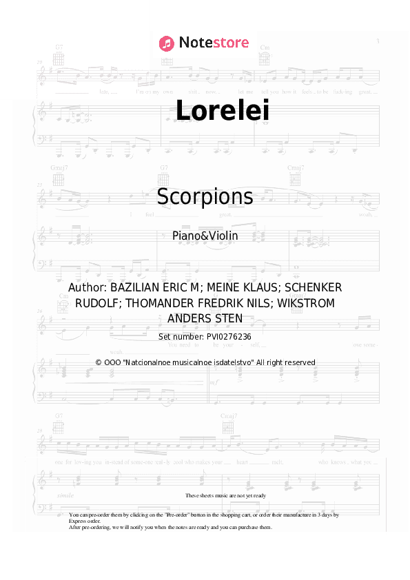 Lorelei - Scorpions Piano Sheet Music and Violin - Piano&Violin