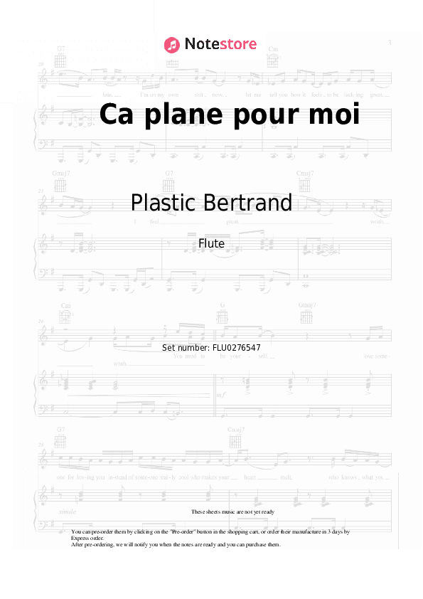 Ca plane pour moi - Plastic Bertrand Flute Sheet Music - Flute