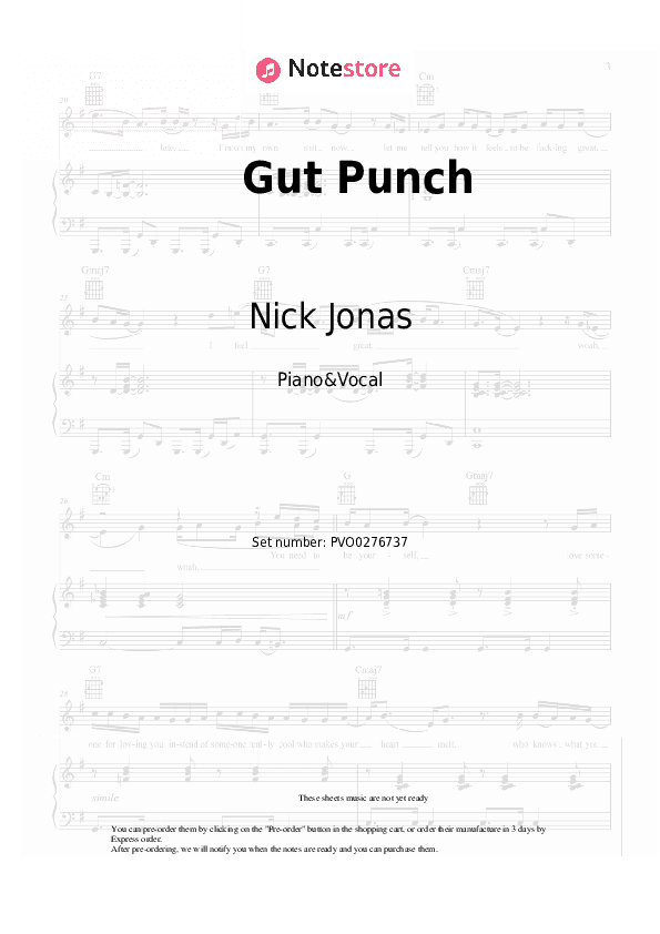 Gut Punch - Nick Jonas Piano Sheet Music with the Voice part - Piano&Vocal
