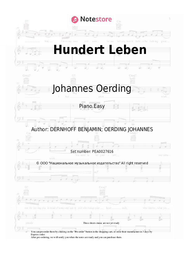 Hundert Leben - Johannes Oerding Piano Sheet Music Easy - Piano.Easy