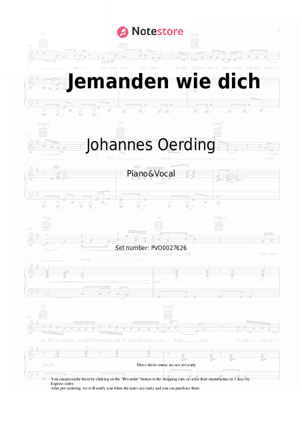 Jemanden wie dich - Johannes Oerding Piano Sheet Music with the Voice part - Piano&Vocal