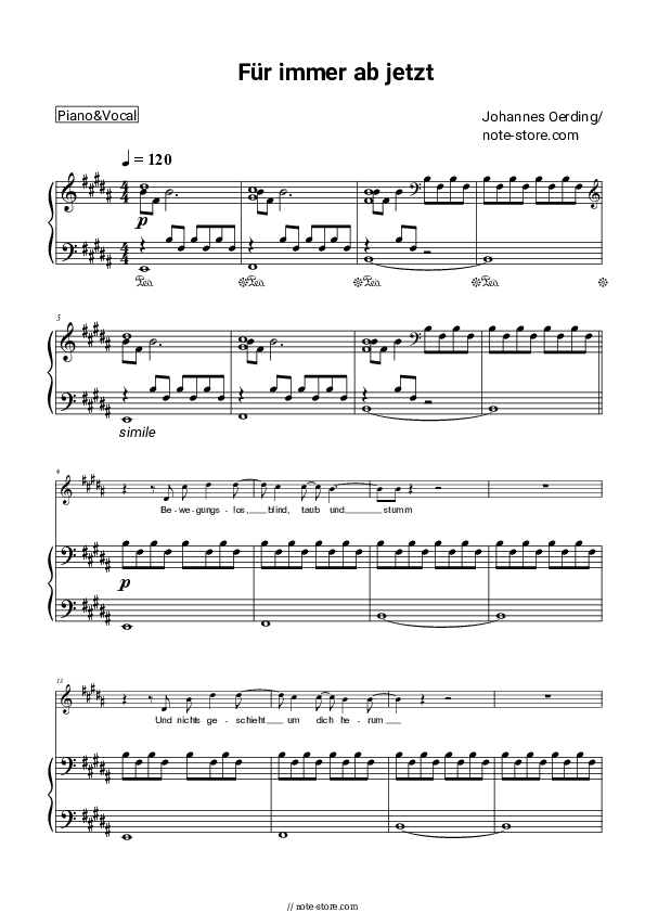 Fur immer ab jetzt - Johannes Oerding Piano Sheet Music with the Voice part - Piano&Vocal