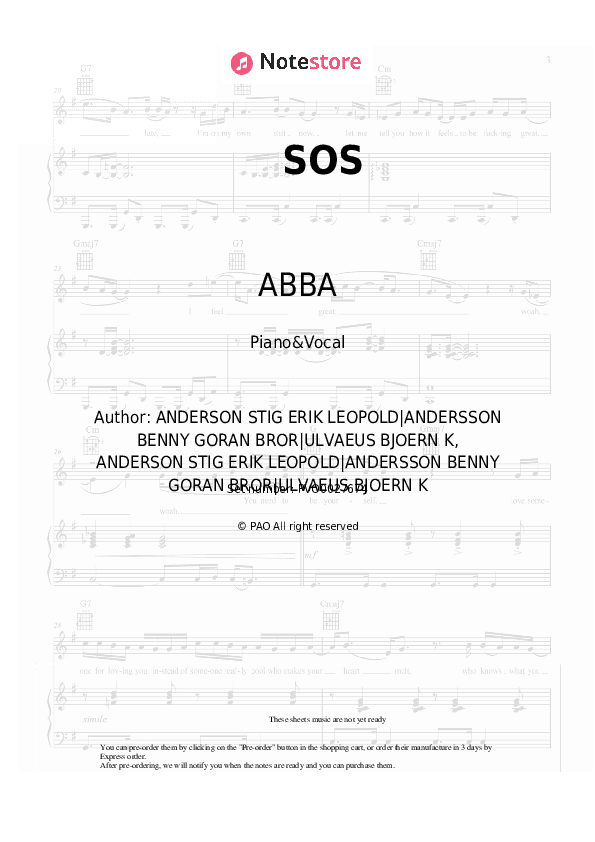SOS - ABBA Piano Sheet Music with the Voice part - Piano&Vocal