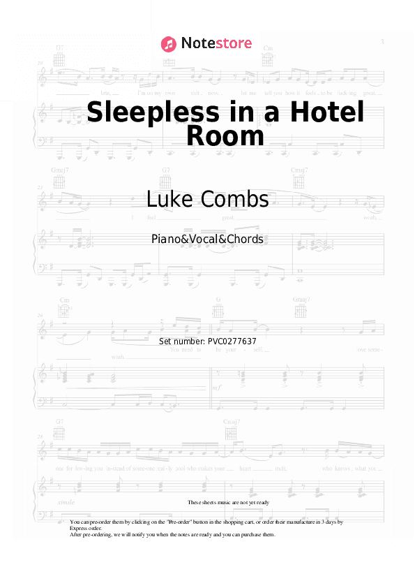 Sleepless in a Hotel Room - Luke Combs Piano Sheet Music with the Vocal and Chords - Piano&Vocal&Chords