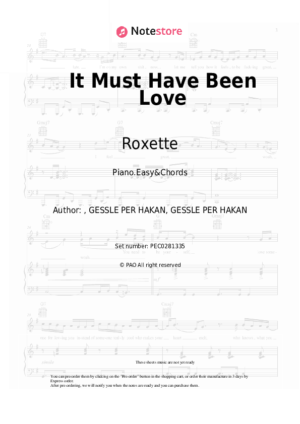 It Must Have Been Love - Roxette Sheet Music Easy and Chords - Piano.Easy&Chords