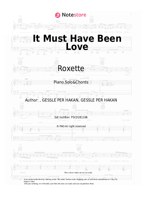 It Must Have Been Love - Roxette Piano Sheet Music and Chords - Piano.Solo&Chords