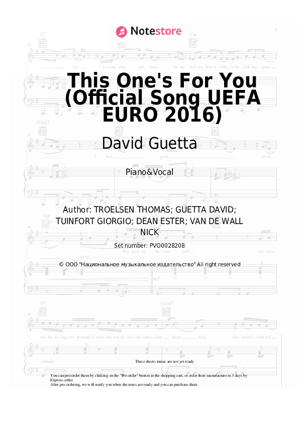 This One's For You (Official Song UEFA EURO 2016) - David Guetta, Zara Larsson Piano Sheet Music with the Voice part - Piano&Vocal