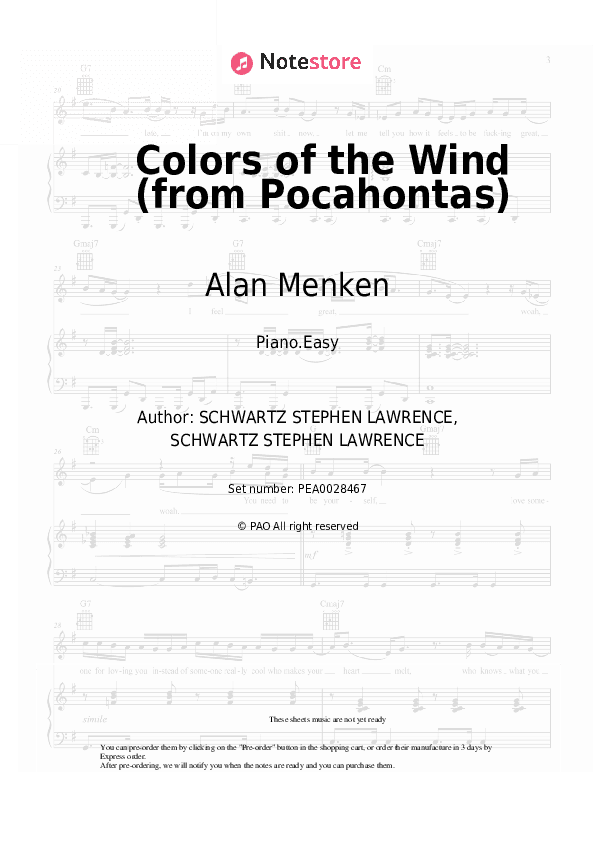Colors of the Wind (from Pocahontas) - Alan Menken Piano Sheet Music Easy - Piano.Easy