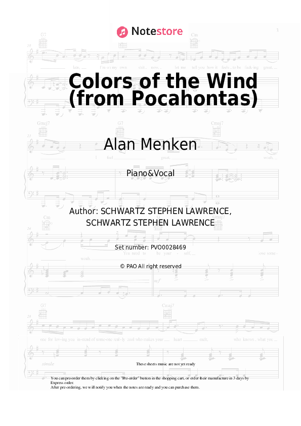 Colors of the Wind (from Pocahontas) - Alan Menken Piano Sheet Music with the Voice part - Piano&Vocal