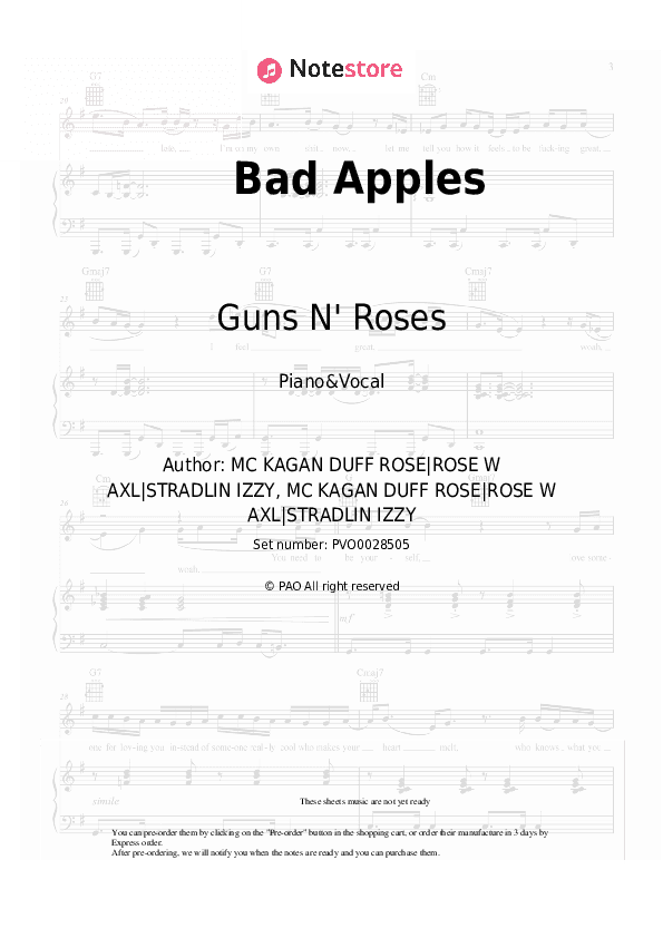 Bad Apples - Guns N' Roses Piano Sheet Music with the Voice part - Piano&Vocal