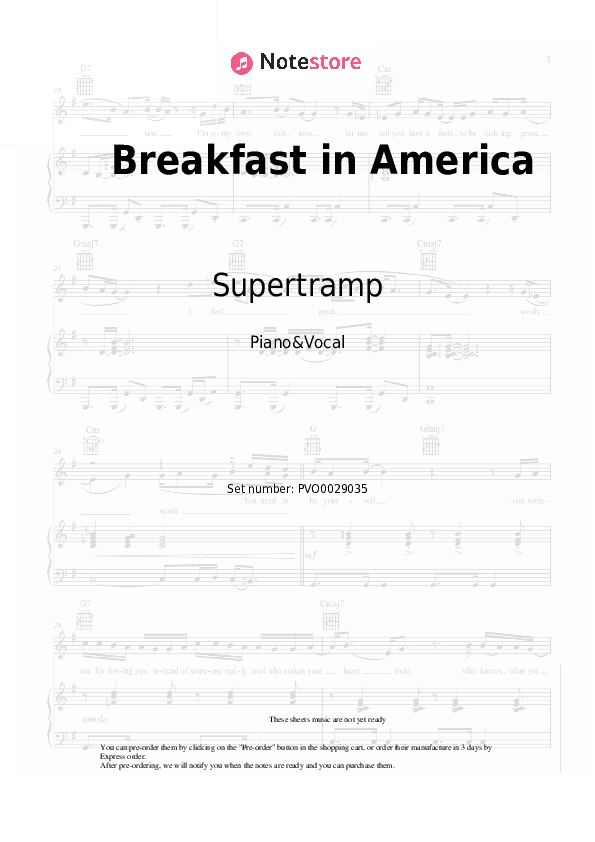 Breakfast in America - Supertramp Piano Sheet Music with the Voice part - Piano&Vocal