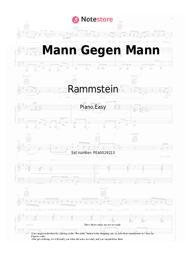 Mann Gegen Mann - Rammstein Piano Sheet Music Easy - Piano.Easy