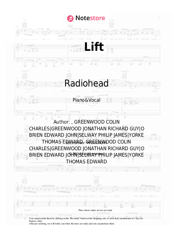 Lift - Radiohead Piano Sheet Music with the Voice part - Piano&Vocal