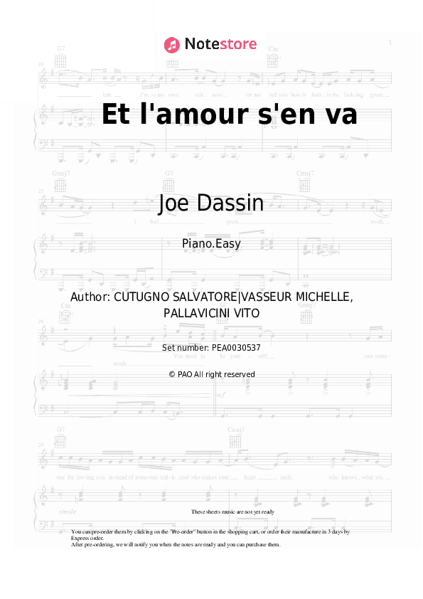 Et l'amour s'en va - Joe Dassin Piano Sheet Music Easy - Piano.Easy