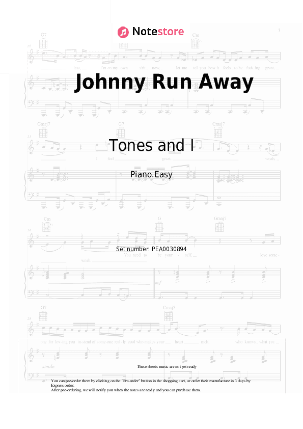 Johnny Run Away - Tones and I Piano Sheet Music Easy - Piano.Easy