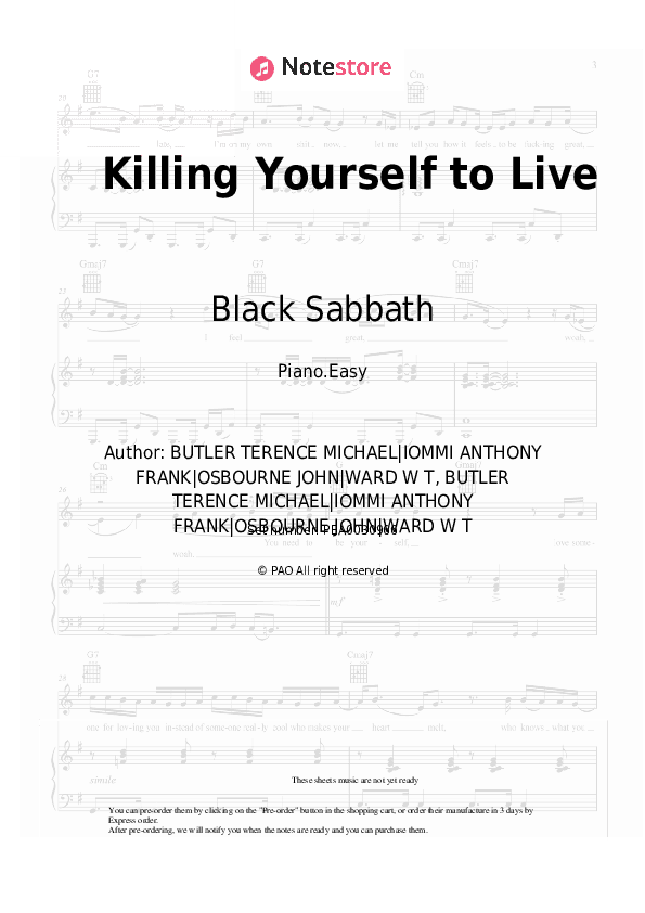 Killing Yourself to Live - Black Sabbath Piano Sheet Music Easy - Piano.Easy