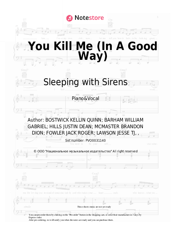 You Kill Me (In A Good Way) - Sleeping with Sirens Piano Sheet Music with the Voice part - Piano&Vocal