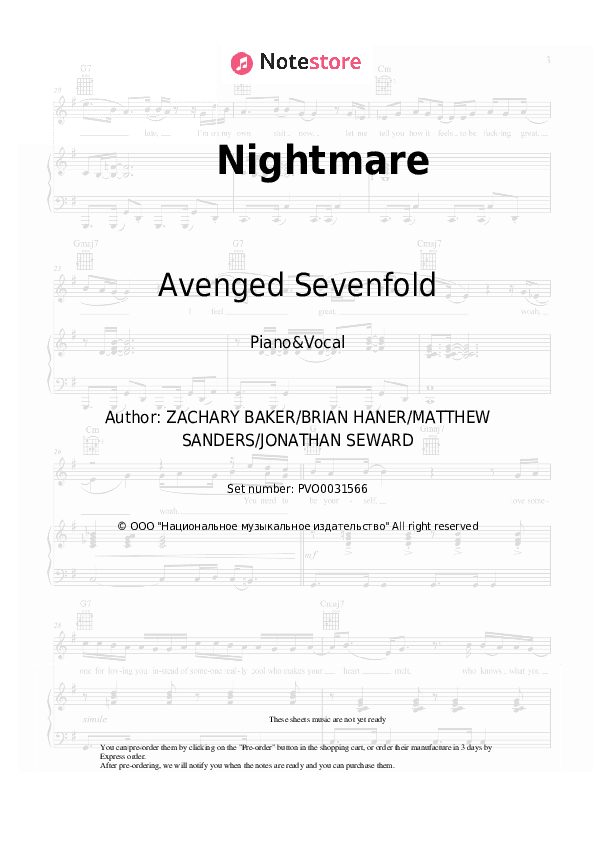 Nightmare - Avenged Sevenfold Piano Sheet Music with the Voice part - Piano&Vocal