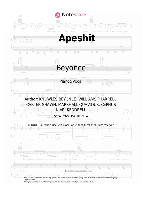 Apeshit - Beyonce, Jay-Z Piano Sheet Music with the Voice part - Piano&Vocal