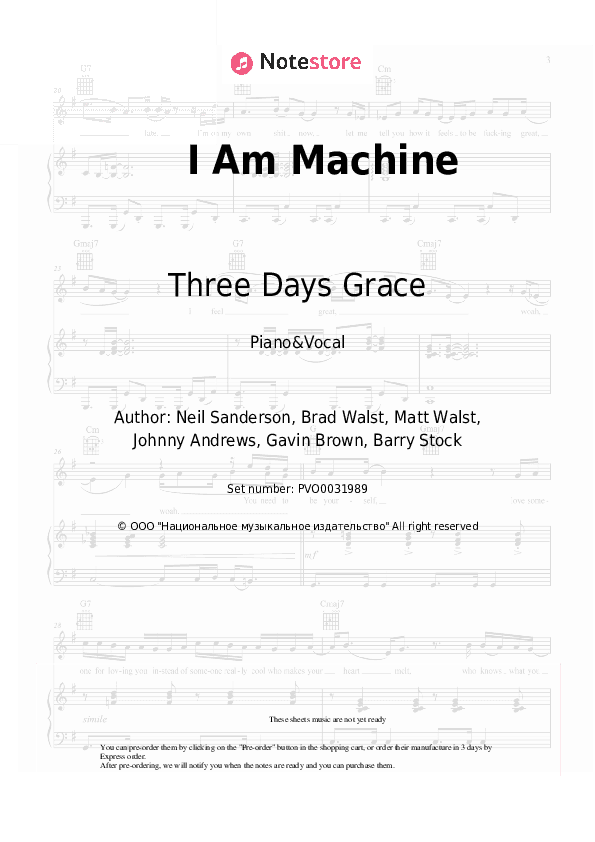 I Am Machine - Three Days Grace Piano Sheet Music with the Voice part - Piano&Vocal