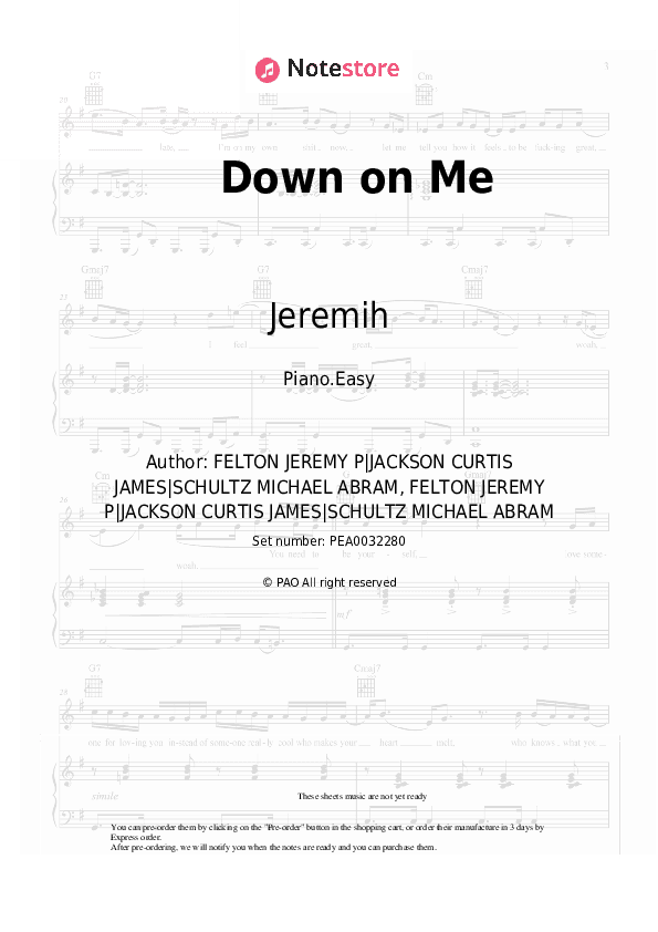 Down on Me - Jeremih, 50 Cent Piano Sheet Music Easy - Piano.Easy
