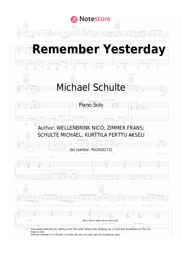 Remember Yesterday - Michael Schulte, Alle Farben Piano Sheet Music - Piano.Solo