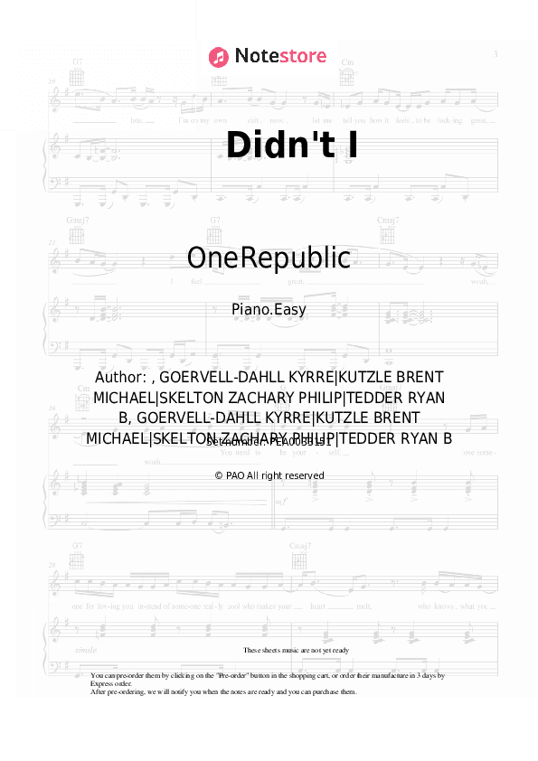 Didn't I - OneRepublic Piano Sheet Music Easy - Piano.Easy