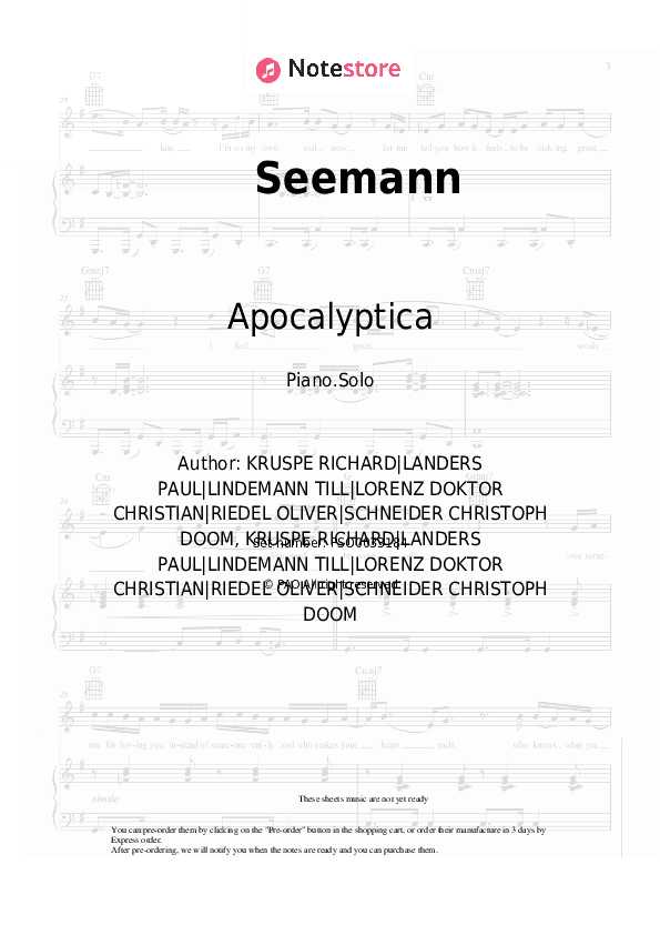 Seemann - Apocalyptica, Nina Hagen Piano Sheet Music - Piano.Solo